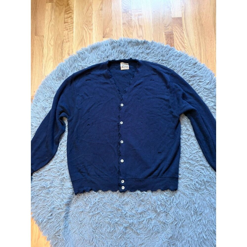 Furst of a Kind Navy V-Neck Button-Up Distressed Oversized Wool Cardigan